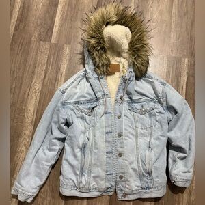 American Eagle Denim Jack with Faux Fur Hood